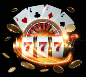 Slot Machine, Roulette Wheel And Four Aces With Golden Coins 3D Rendering